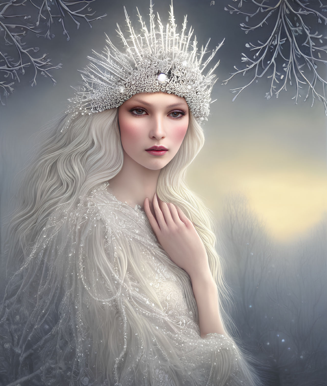 Portrait of Woman with White Hair and Crystal Crown in Winter Setting