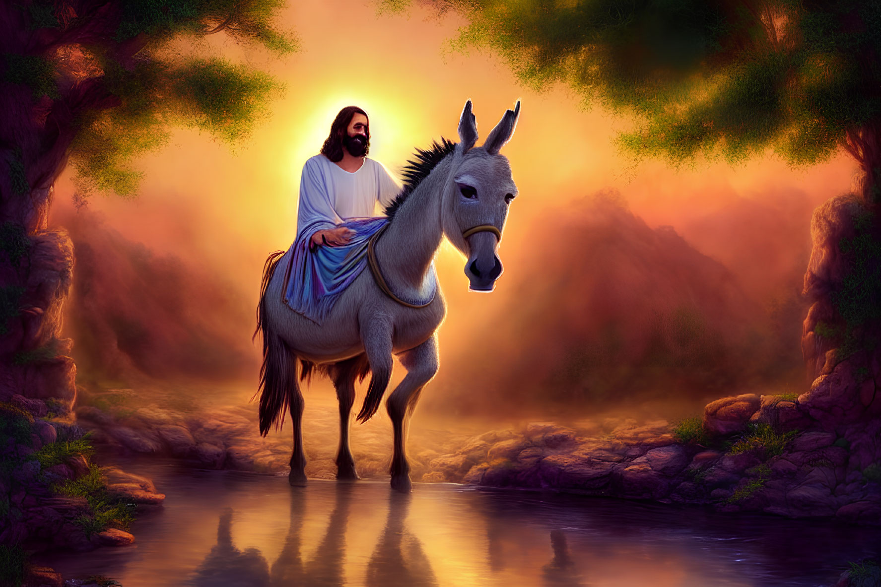Man with Beard Riding Donkey in Sunset Landscape
