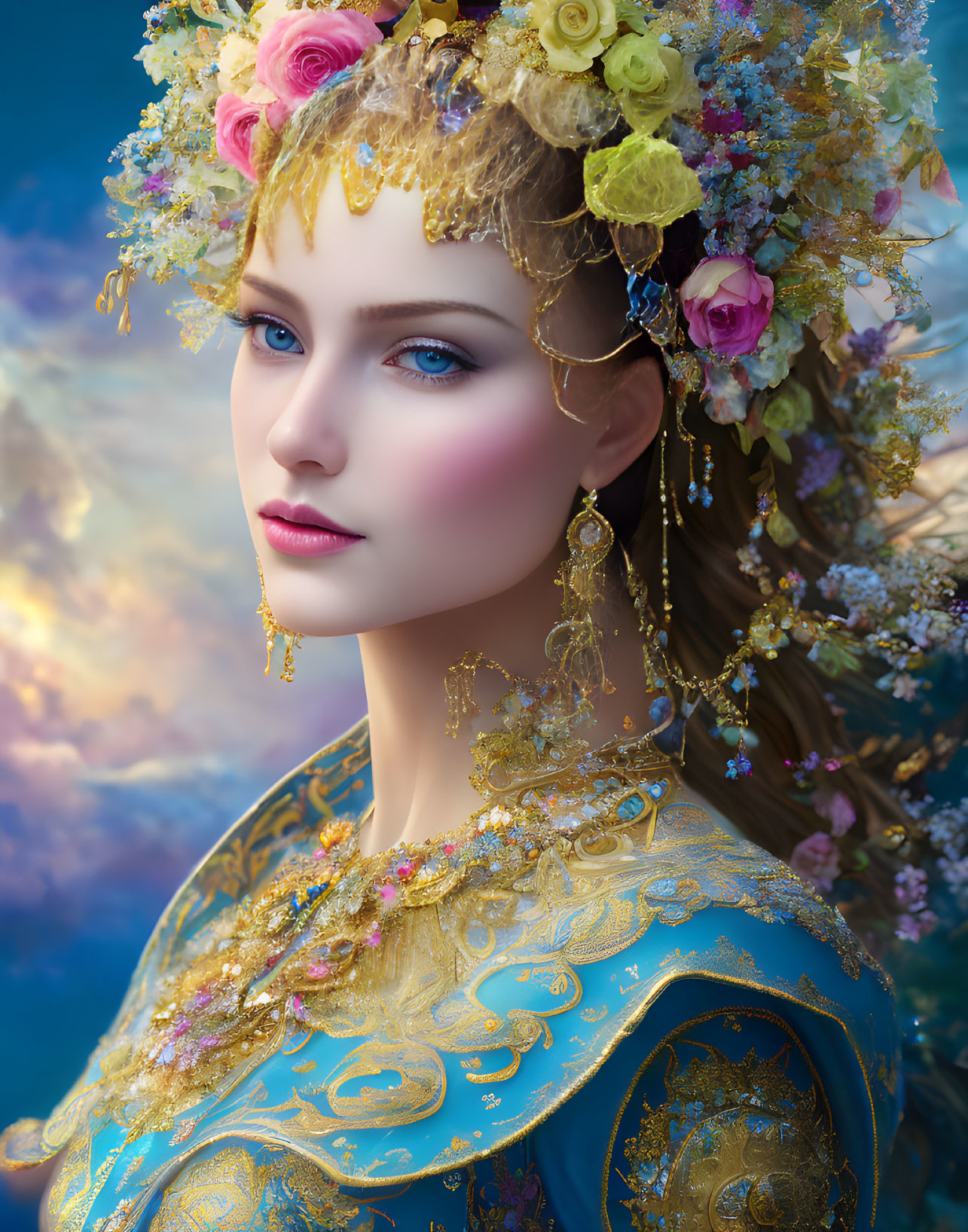 Portrait of Woman with Floral Headdress and Blue/Gold Dress Against Cloudy Sky