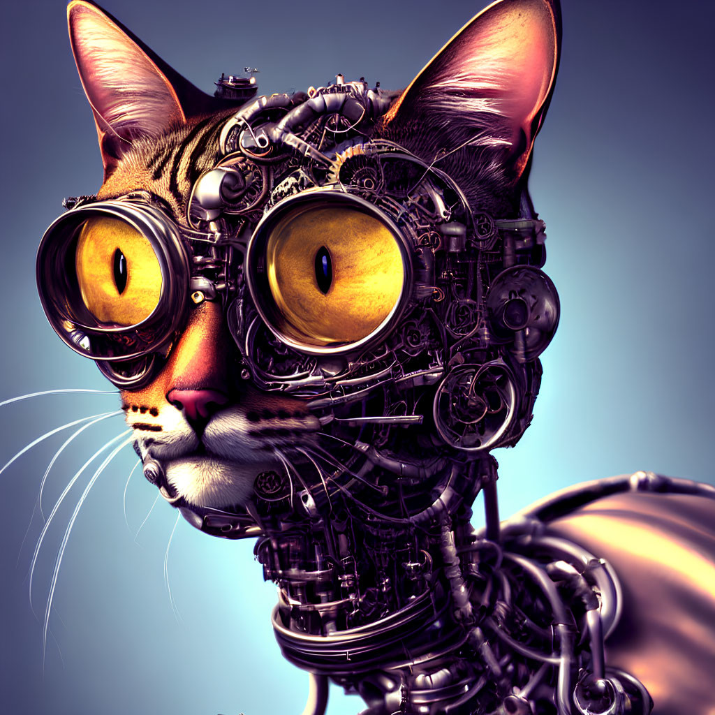 Steampunk-style mechanical cat with intricate gears and yellow goggles