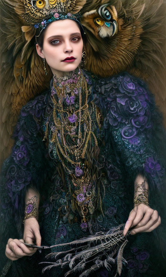 Ornately dressed woman with owl-themed headdress and feather accessory