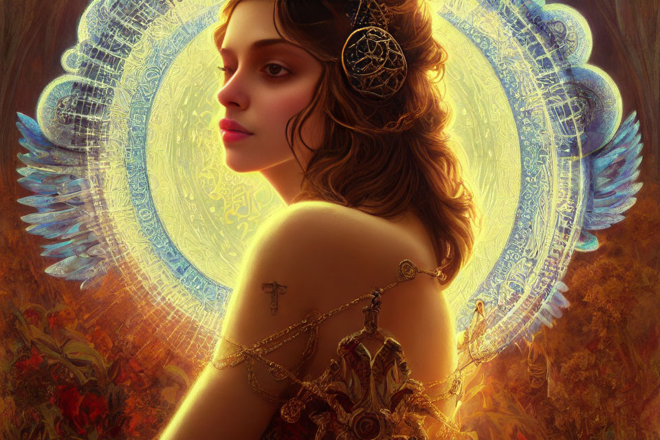 Digital artwork featuring woman with ornate halo, jewelry, and ethereal wings on autumnal background
