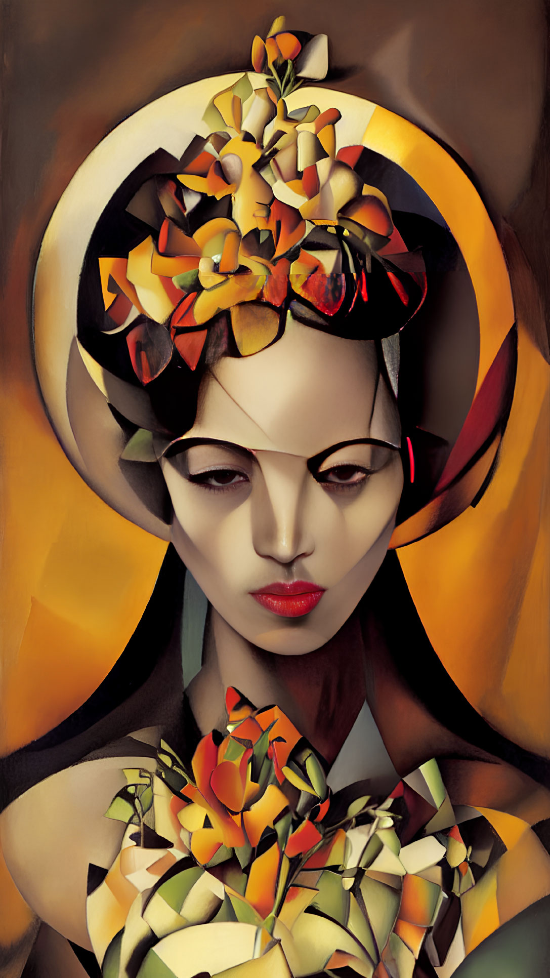 Exaggerated features portrait with orange florals on dark background