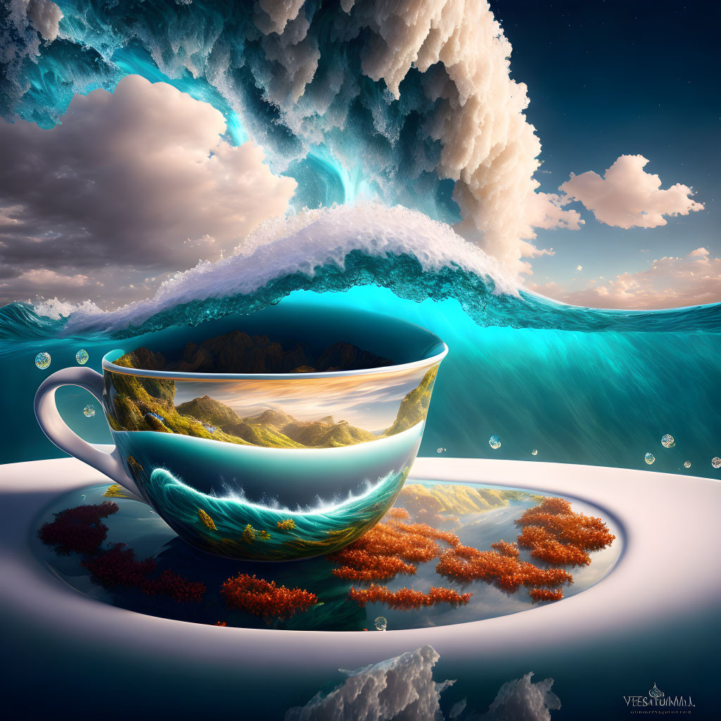 Surreal teacup with mountain landscape and ocean wave under cloudy sky