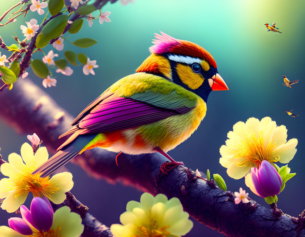 Colorful Bird Perched on Branch with Flowers and Insects in Dreamy Background