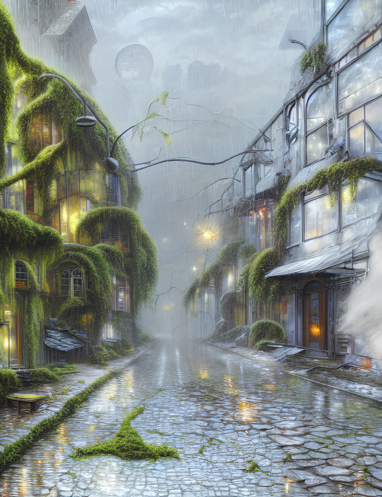 Cobblestone street with lush greenery and glowing lights in rainy cityscape