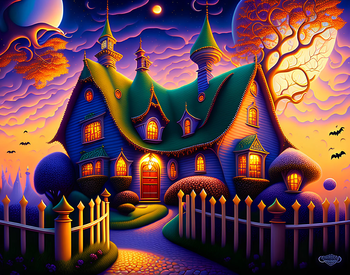 Whimsical house with green roofs in twilight setting, bats flying, white picket fence, and