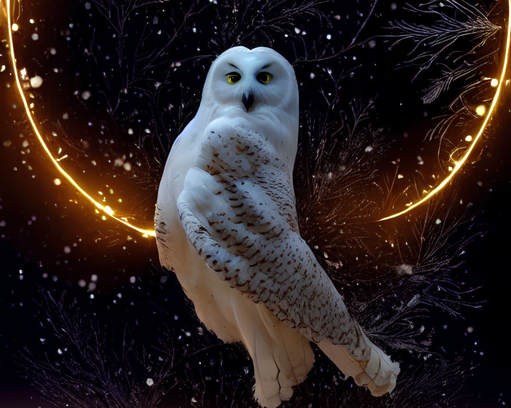 Snowy Owl Perched on Bare Tree Branch Under Crescent Moon