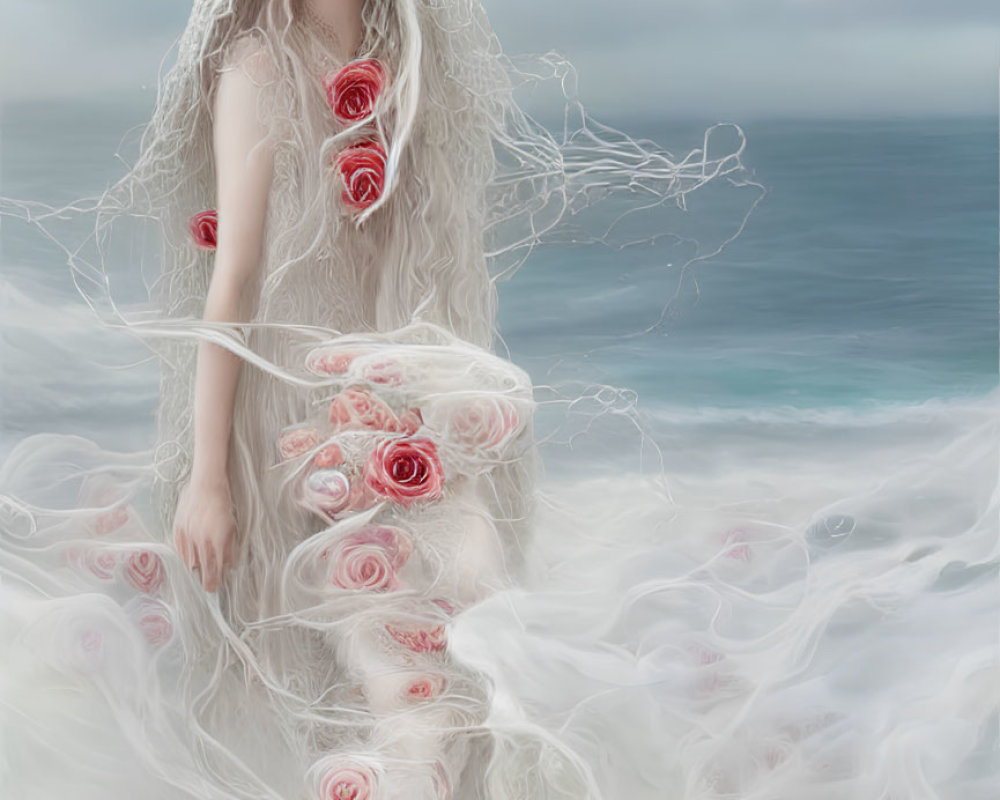 Surreal portrait of pale woman in white garment by the sea