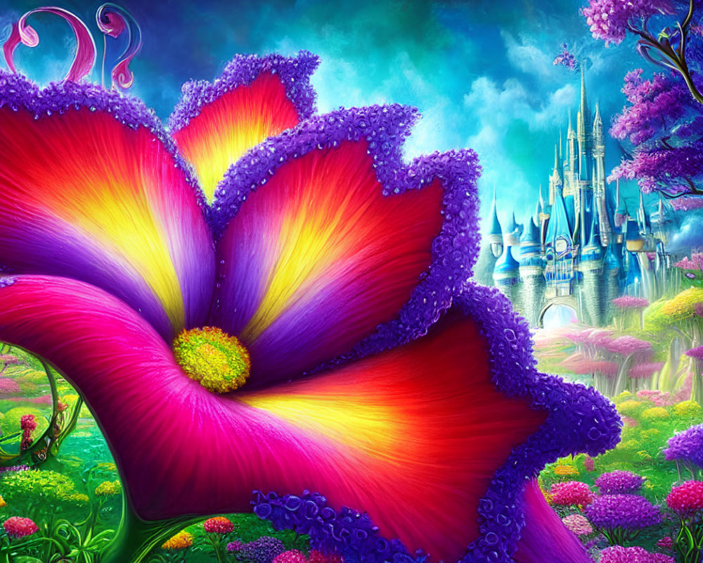 Colorful Flower and Fantasy Castle in Vibrant Digital Art