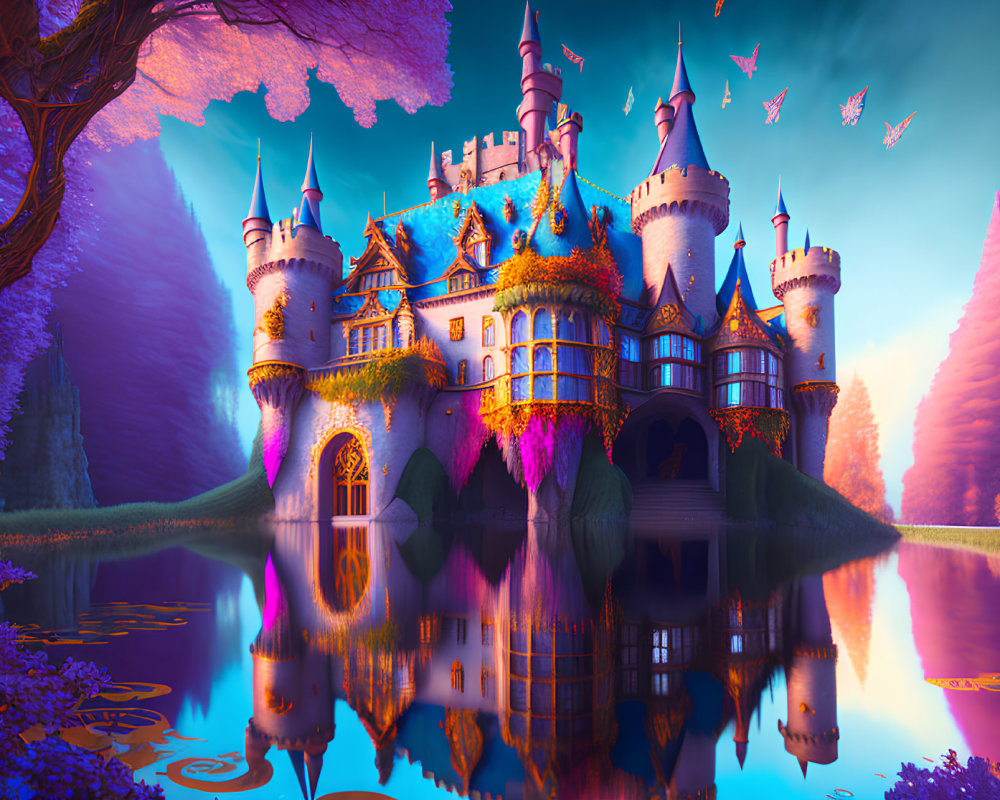 Colorful Flora Surrounds Fantasy Castle by Tranquil Lake
