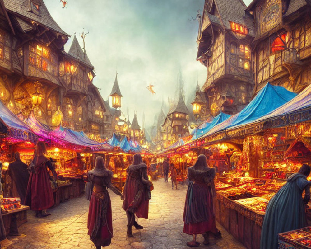 Medieval Marketplace with Colorful Stalls and Townsfolk at Sunset