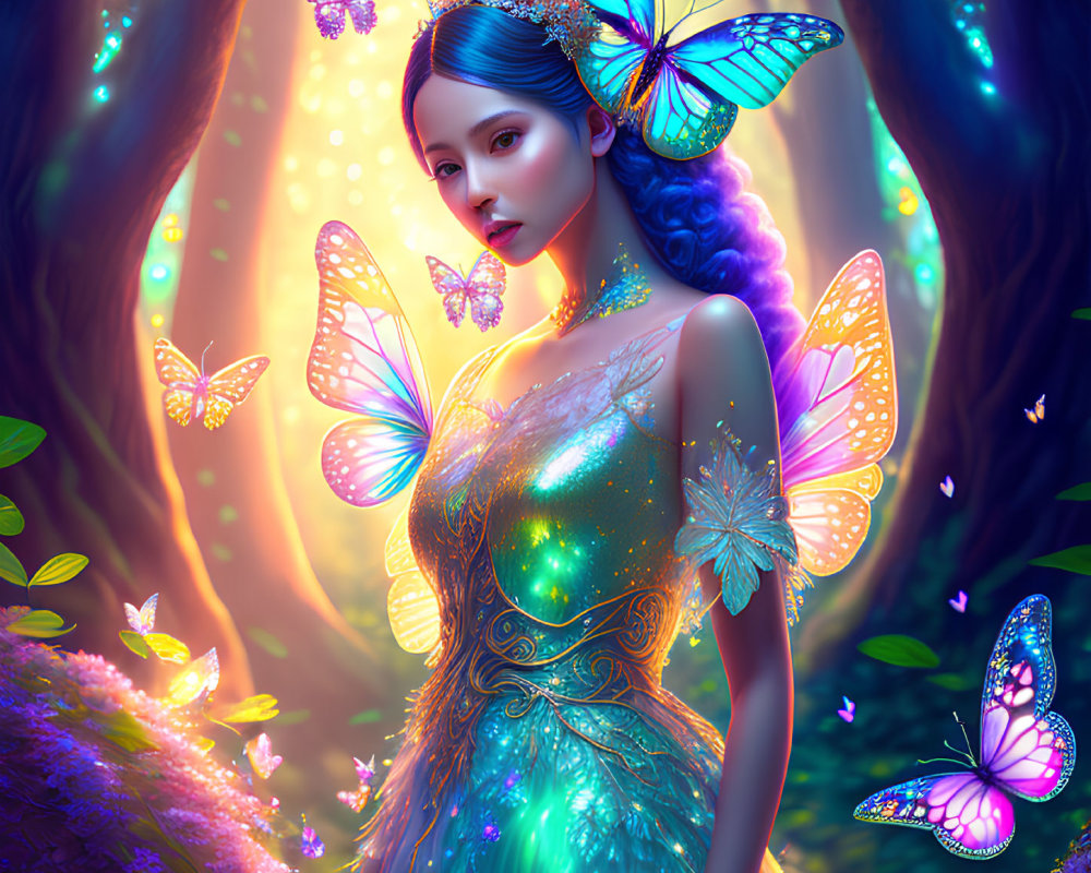 Fantasy illustration of woman with butterfly wings in glowing forest