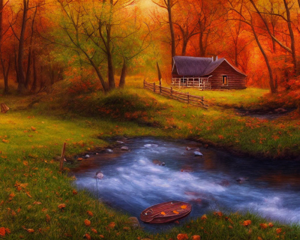 Tranquil autumn landscape with stream, boat, cabin, fall trees