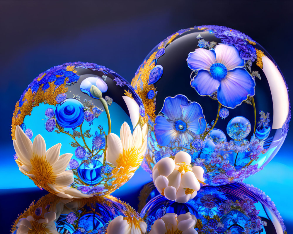 Intricate Floral Patterns on Reflective Spheres in Blues and Golds