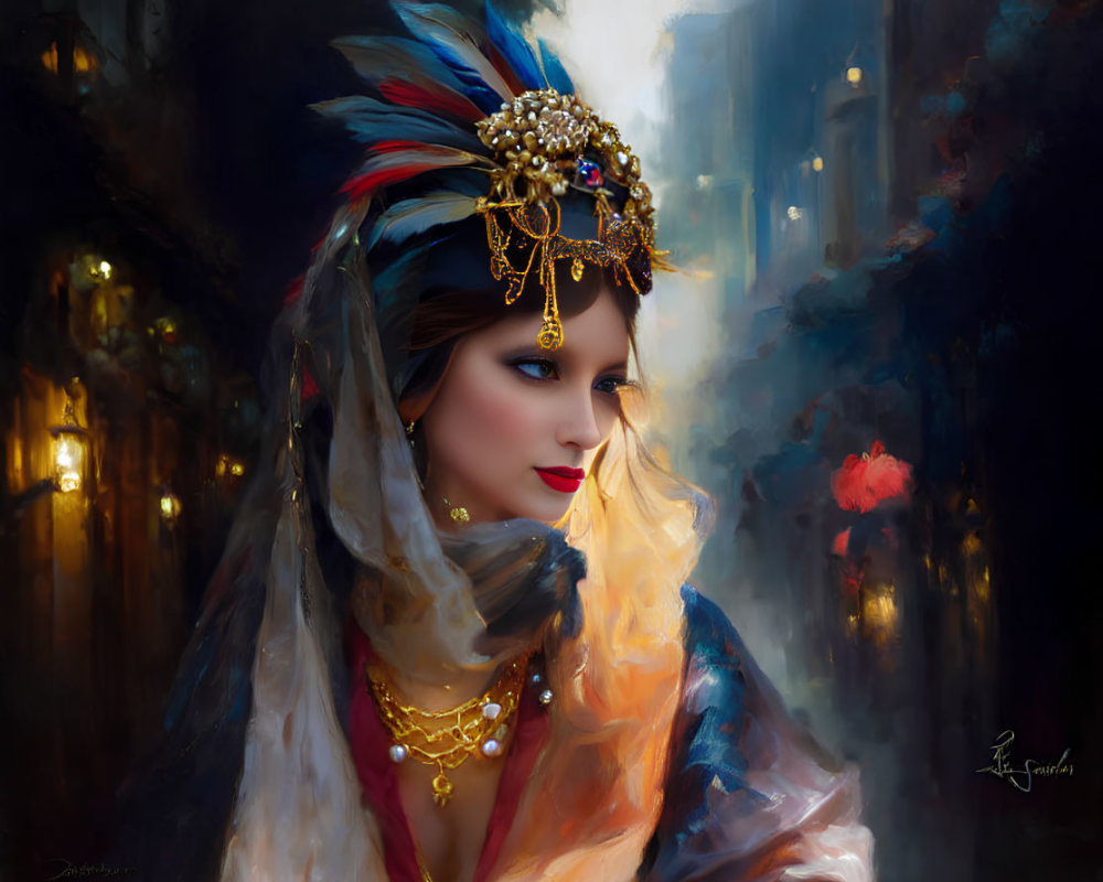 Colorful Feather Headdress Portrait with Gold Jewelry and Vibrant Shawl