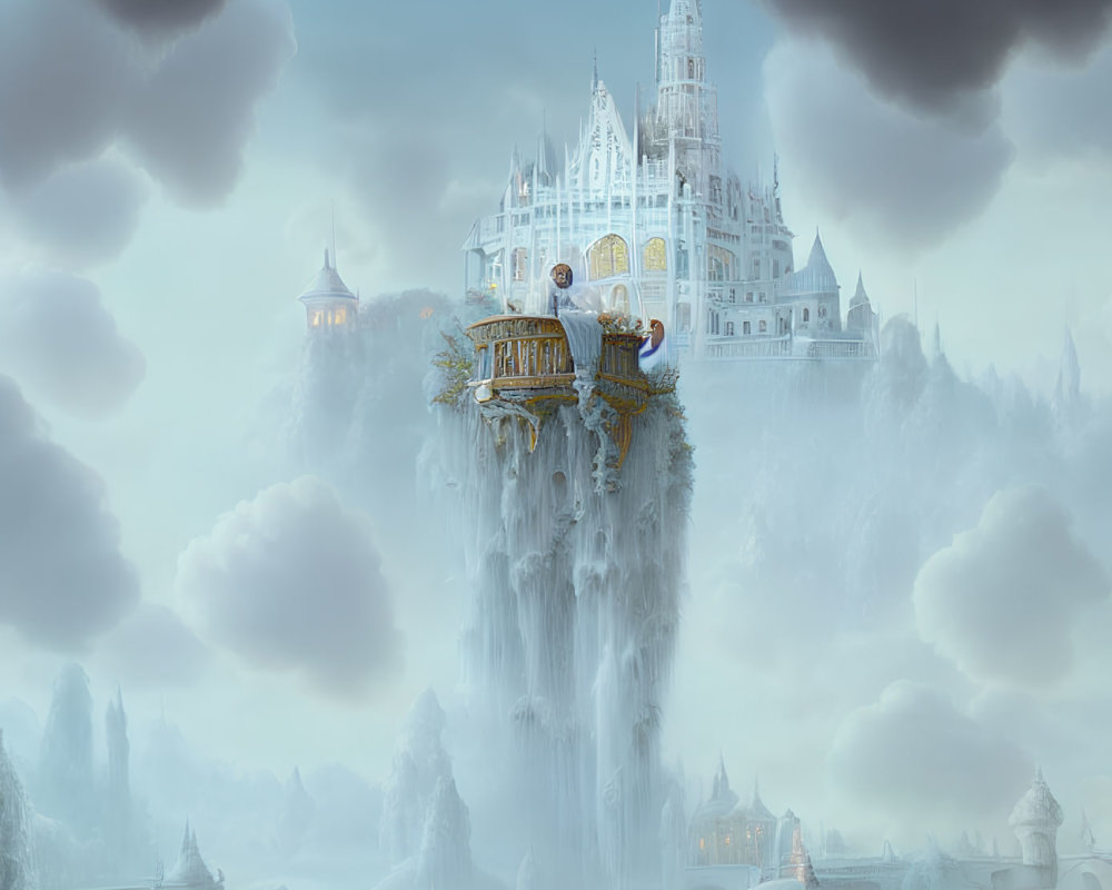 Majestic castle on floating island with waterfalls