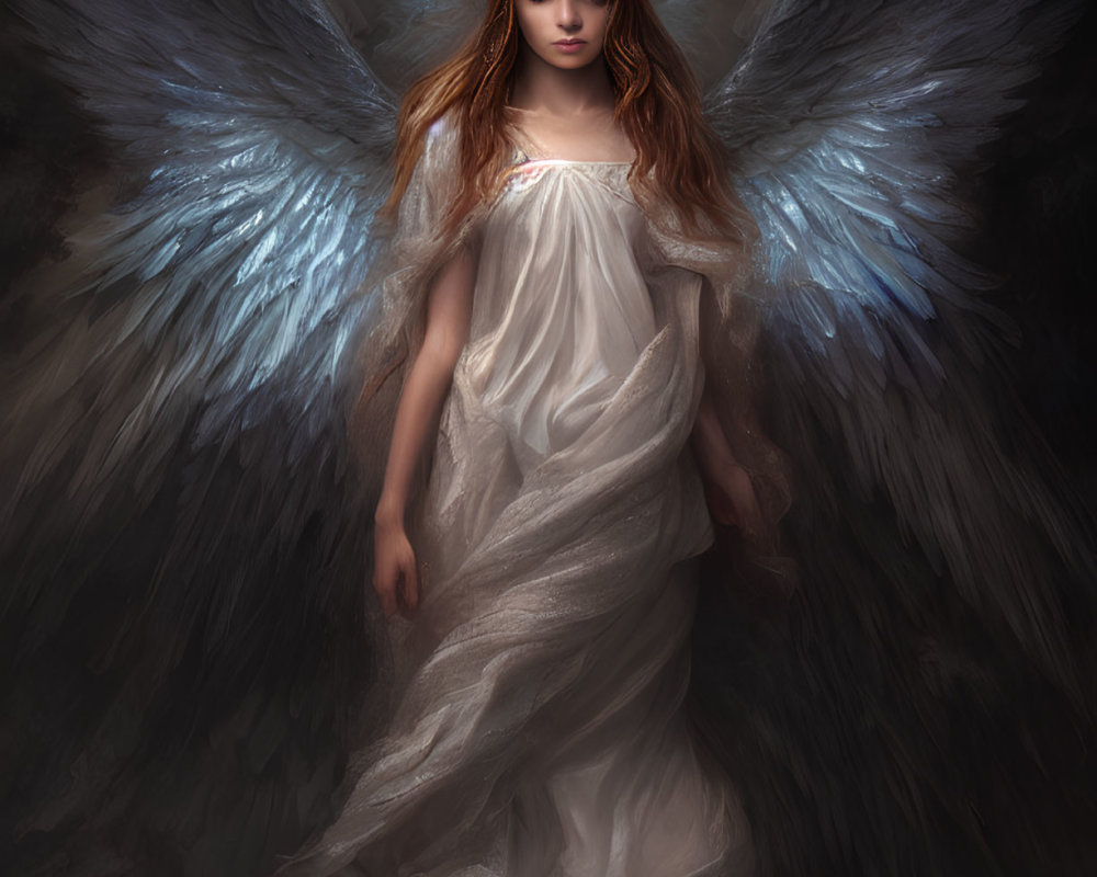Digital art: Ethereal woman with blue wings in white dress on dark background