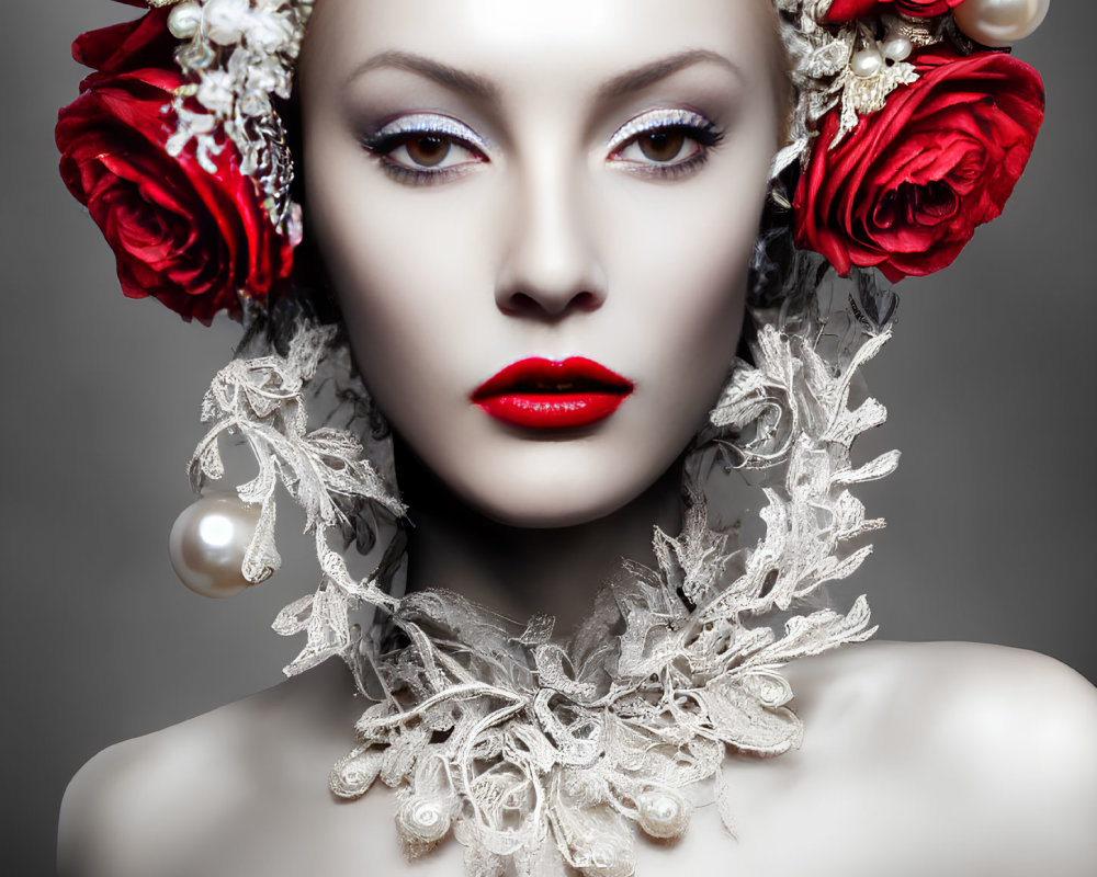 Portrait of a Woman with Red Lips and Floral Headpiece