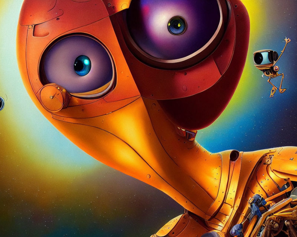 Vibrant illustration of large-eyed orange robot head with smaller robot in cosmic scene