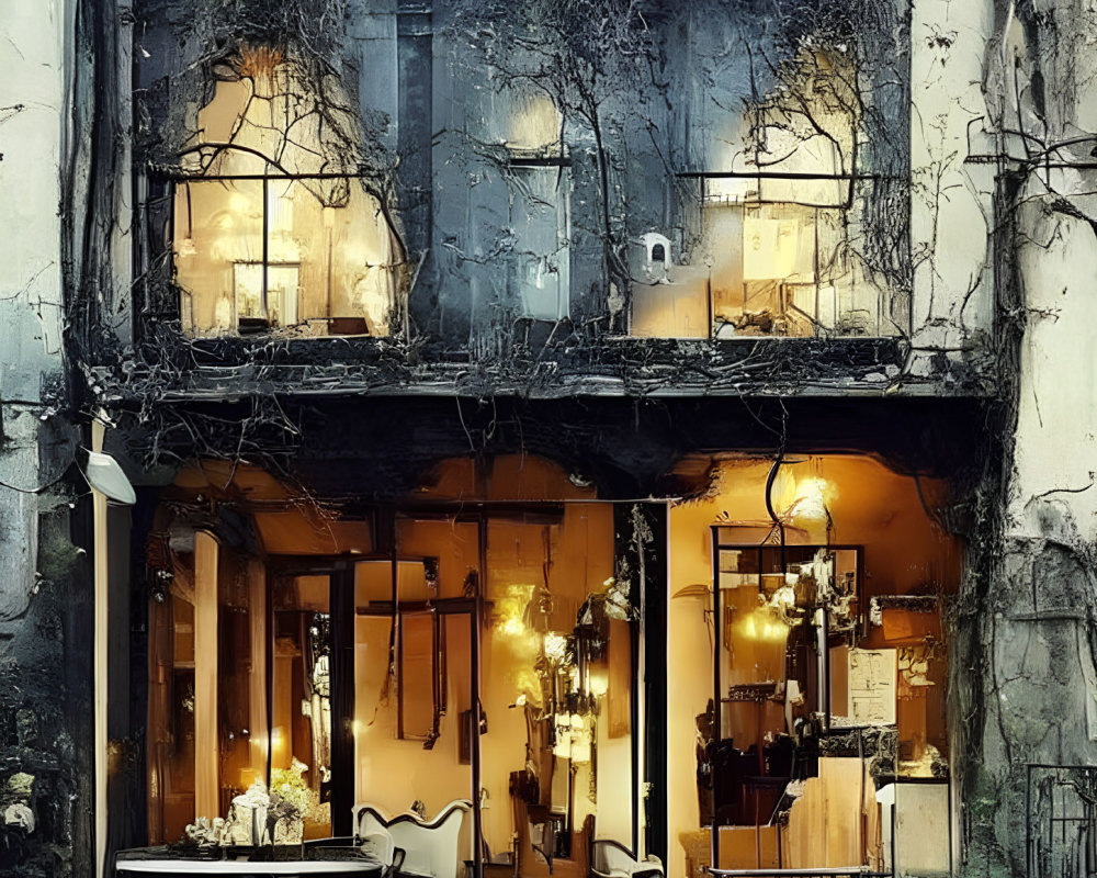 Vintage building with warm lights, ivy, and outdoor seating captured in atmospheric image