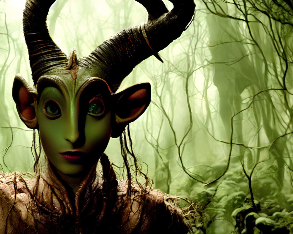 Majestic creature with large horns in misty green forest