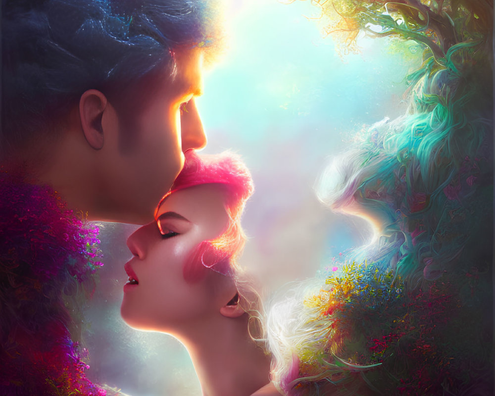 Colorful Hair and Skin Embrace in Vibrant Landscape