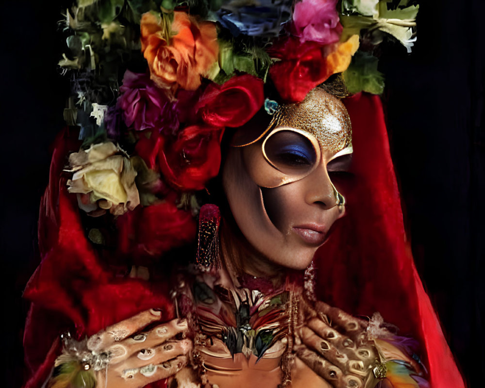 Golden mask and red cloak with flower headdress and jewelry on black background