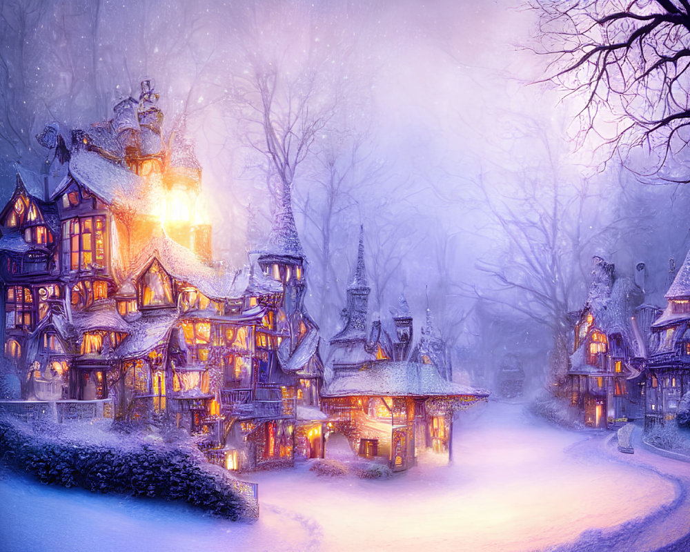 Whimsical winter village scene with glowing houses and snow-covered trees
