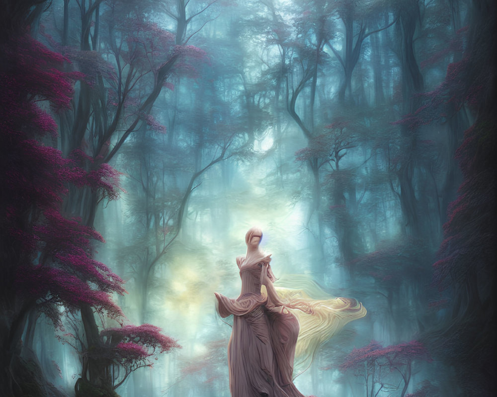 Ethereal woman in flowing robes in mystical forest with purple foliage