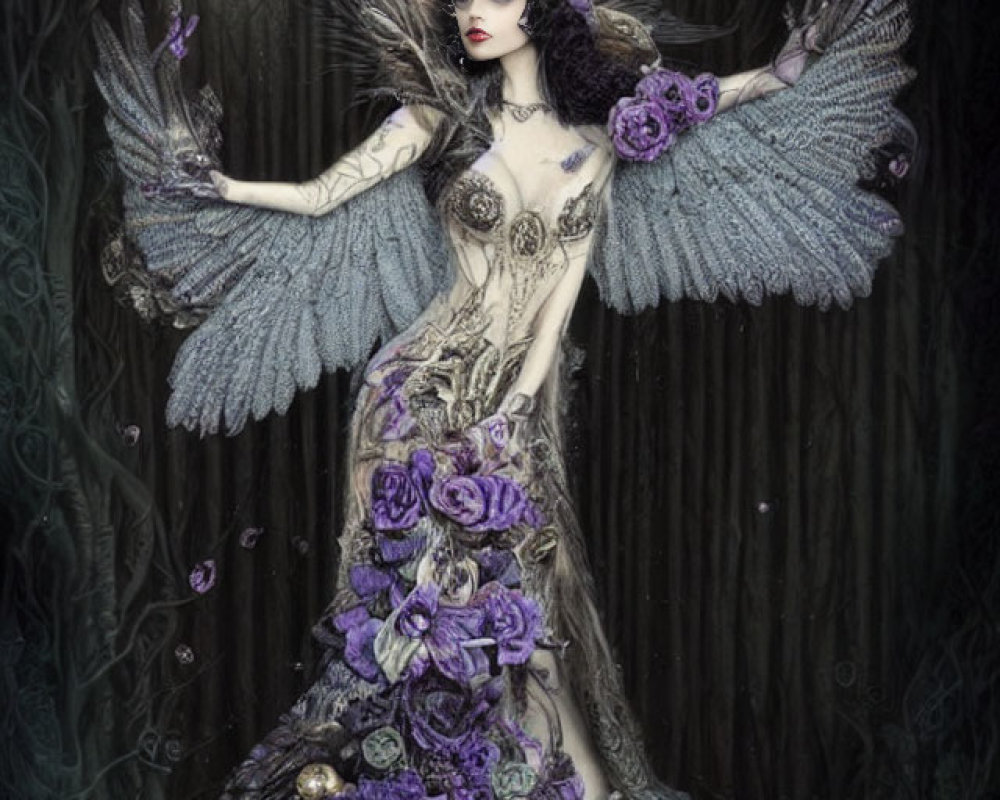 Dark-haired winged woman with crown, owl, and purple flowers in gothic fantasy art