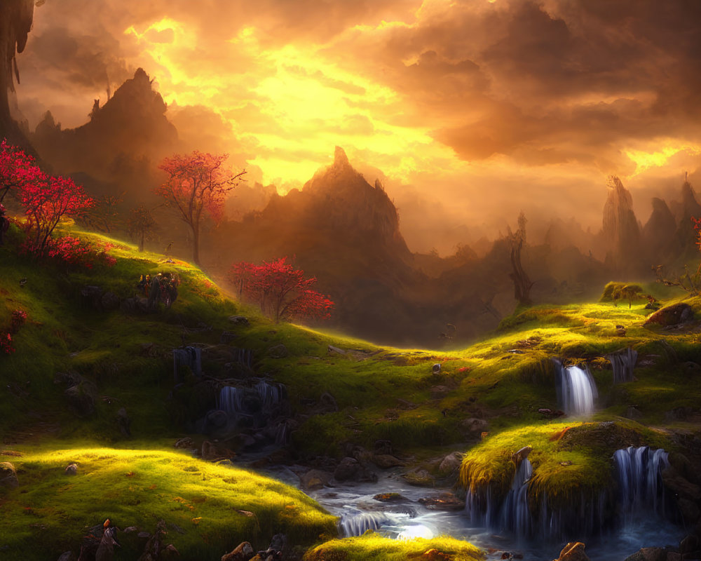 Mystical landscape with red foliage, waterfalls, and glowing sunlight