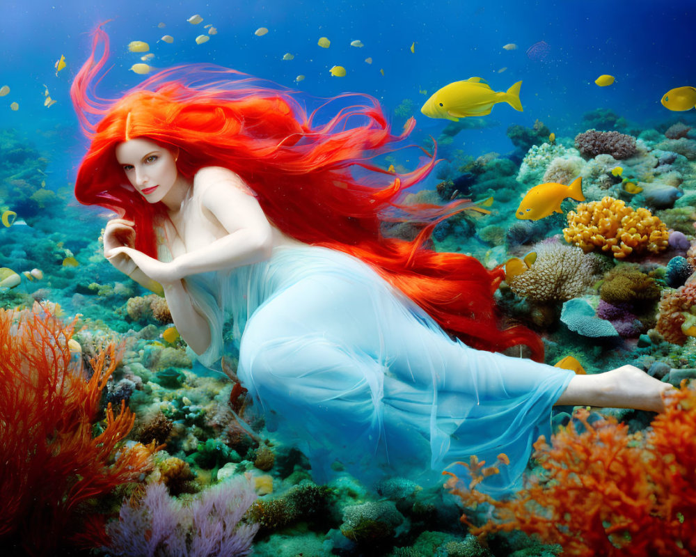 Red-haired woman in blue dress floats underwater with colorful coral and fish