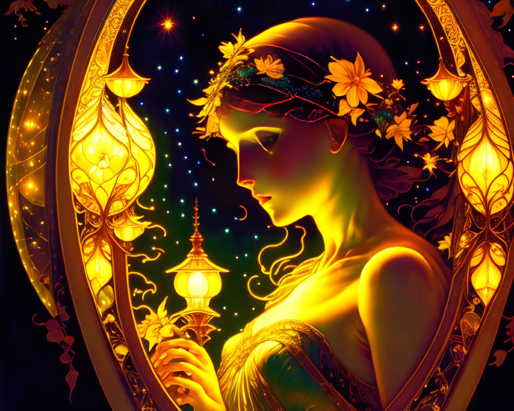 Illustration of woman with glowing skin, flowers, lantern, ornate circular border, night sky.