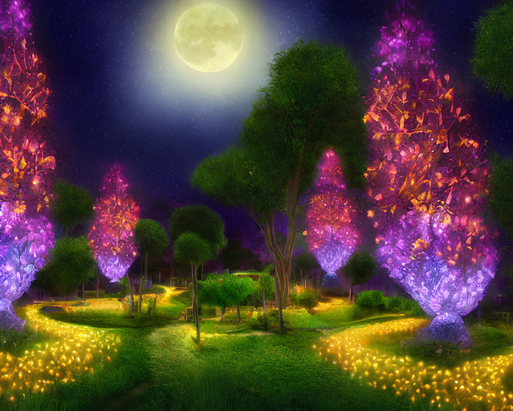 Night Scene with Magical Trees, Fireflies, Full Moon, and Starry Sky