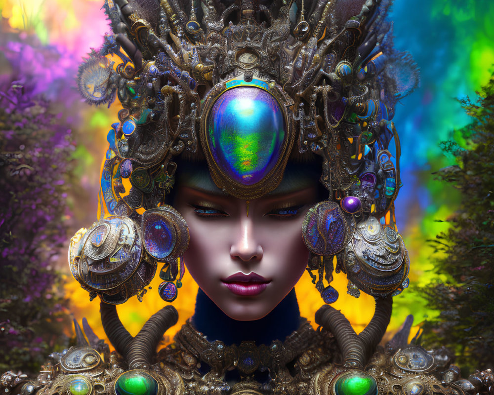 Elaborate digitally-created female figure with ornate headdress and colorful background