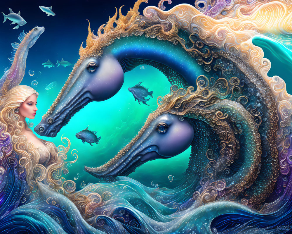 Fantasy illustration of woman with flowing hair and seahorses in underwater scene
