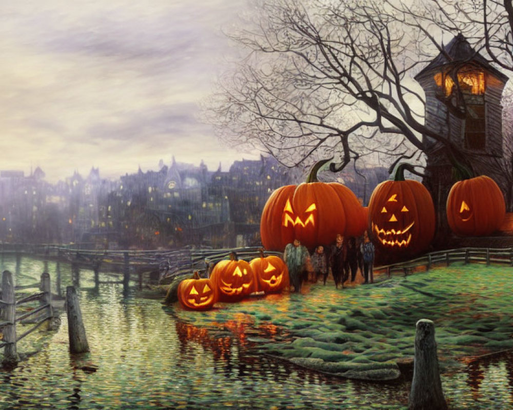 Spooky Halloween image: Carved pumpkins, treehouse, misty backdrop, people in costumes