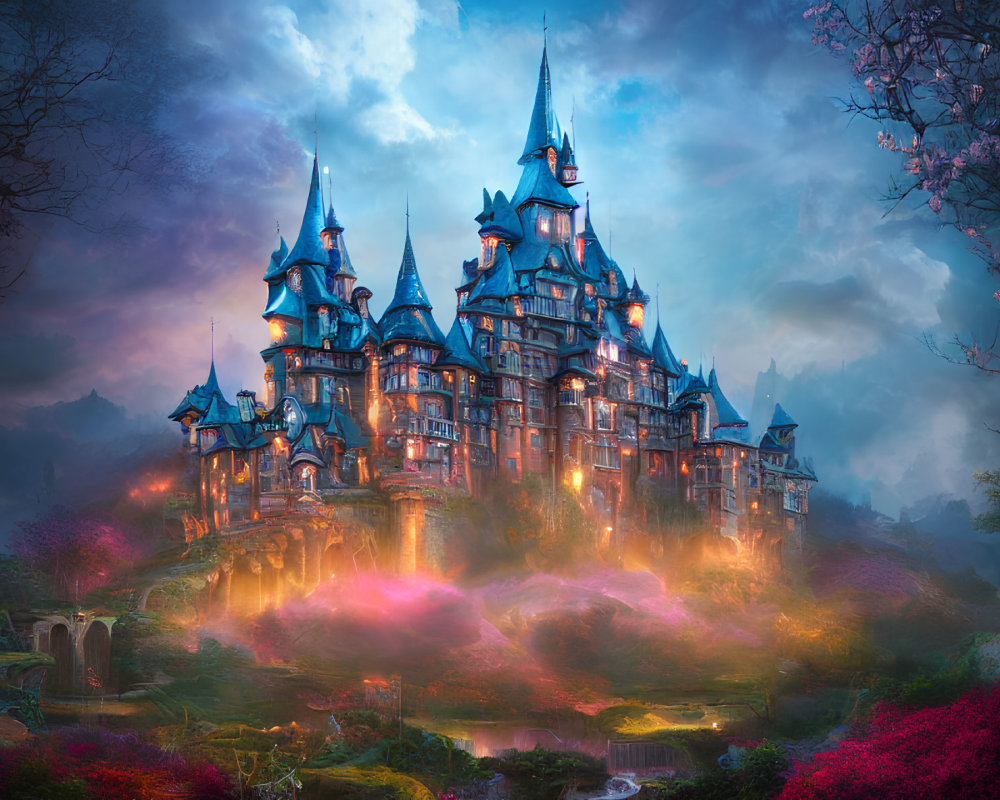 Enchanted castle in mystical twilight landscape