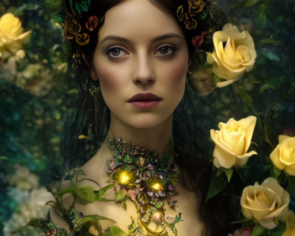 Woman with floral crown and butterfly in fairy-like setting surrounded by roses