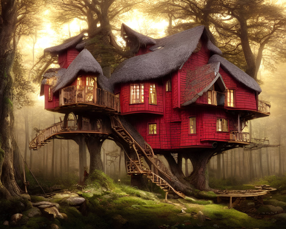Whimsical red treehouse with thatched roofs and wooden staircases in golden-lit forest