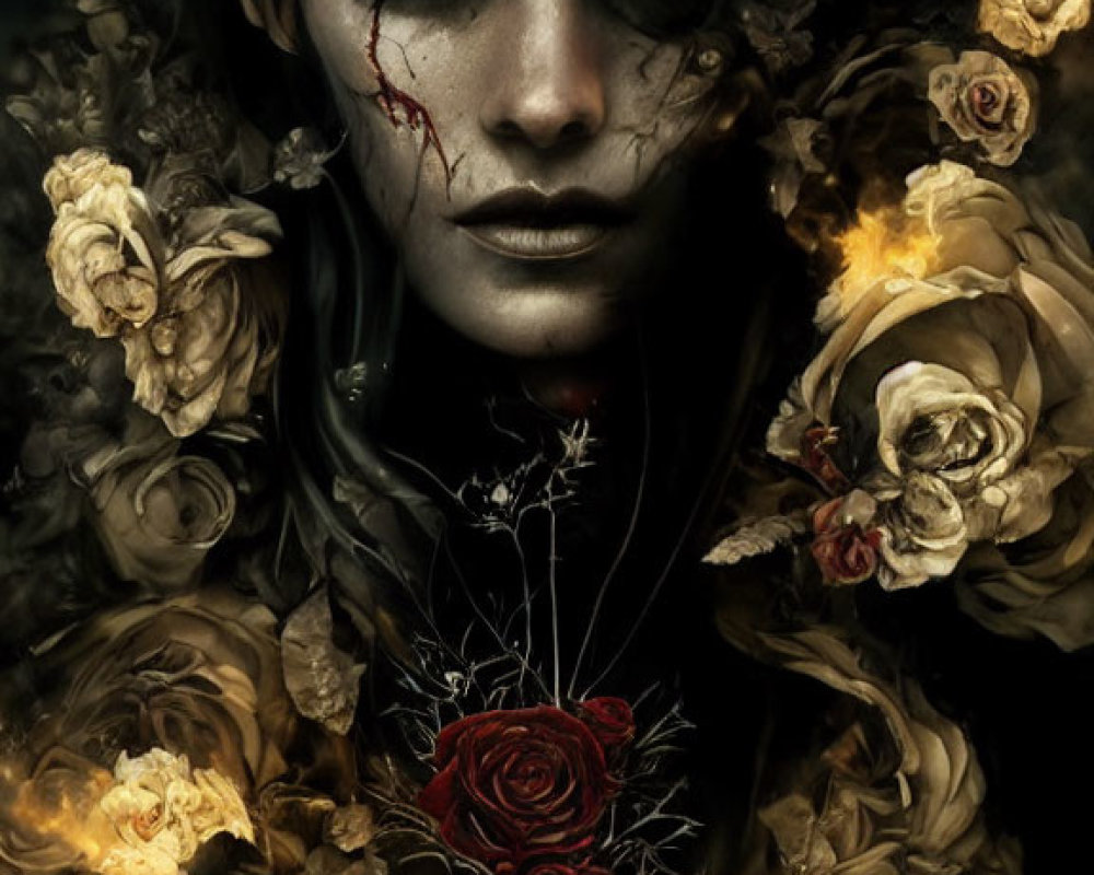 Gothic fantasy portrait with cracked pale makeup and golden roses