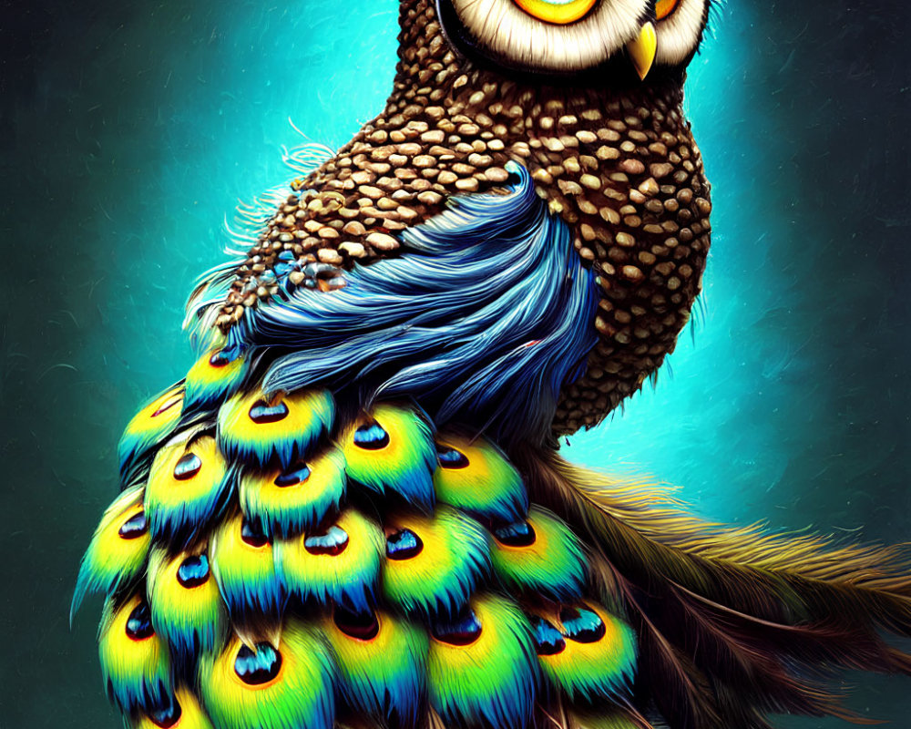 Colorful Owl Artwork Featuring Peacock Feather Patterns