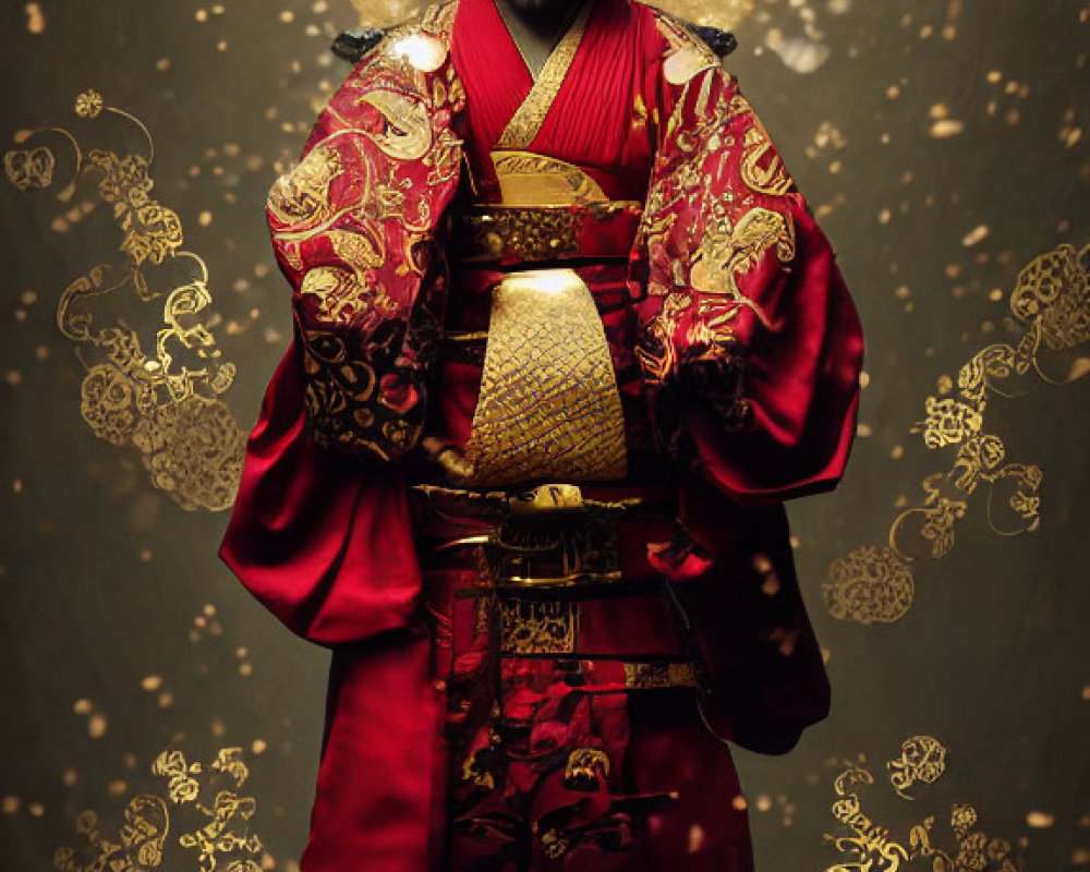 Traditional Asian Man in Rich Red and Gold Royal Attire Against Ornate Golden Background