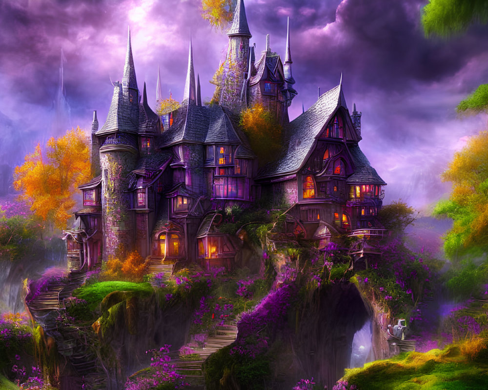 Fantasy castle with spires on cliff in lush purple flora landscape