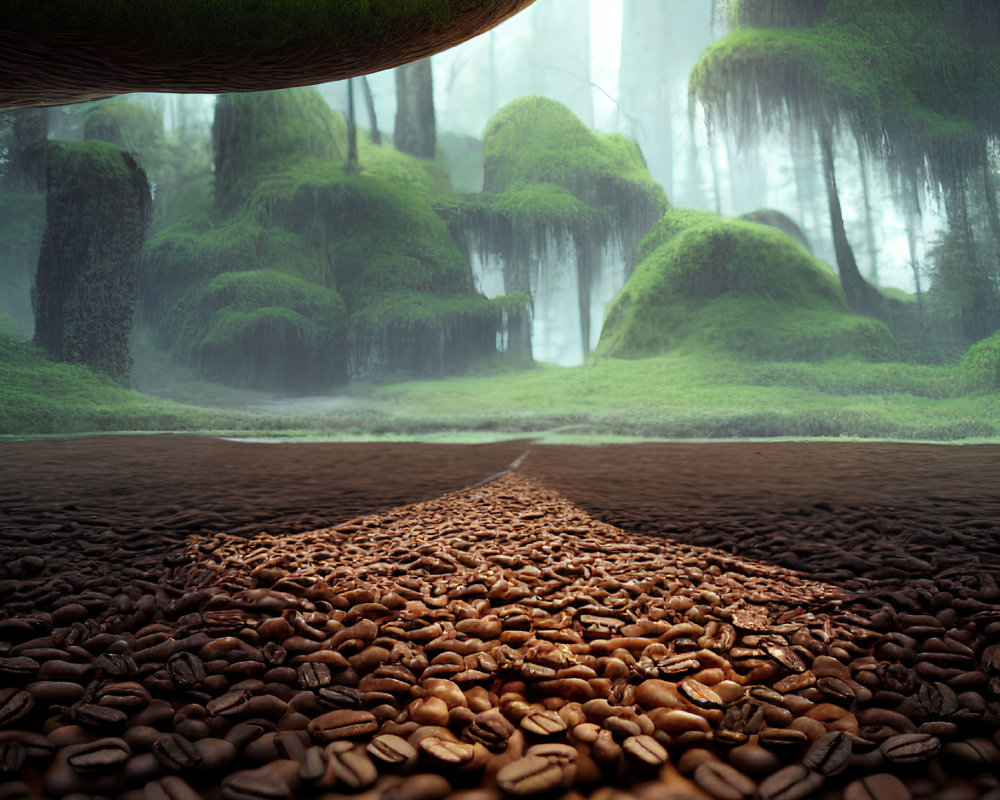 Surreal landscape with coffee bean pathway, misty forest, moss-covered trees, and distant waterfall