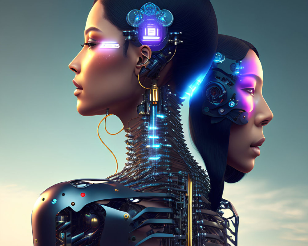 Futuristic female androids with cybernetic enhancements on neutral background