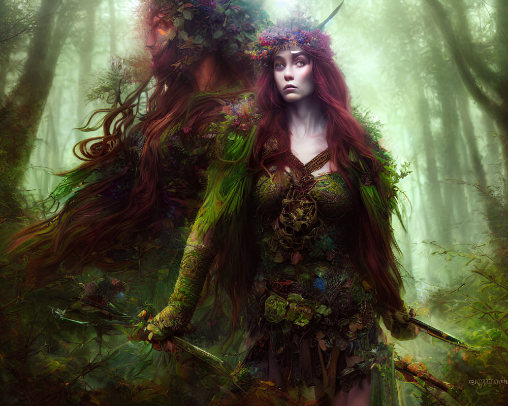 Red-haired female figure in leafy crown wields sword in foggy forest