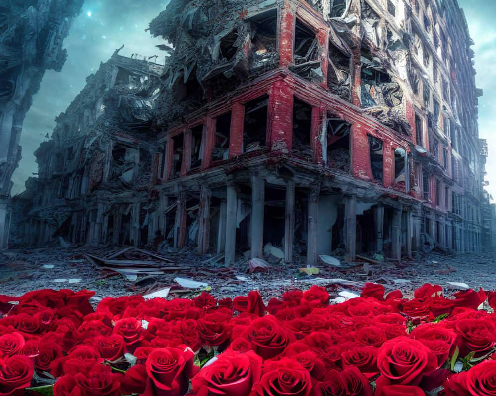 Abandoned buildings surrounded by red roses under cloudy sky