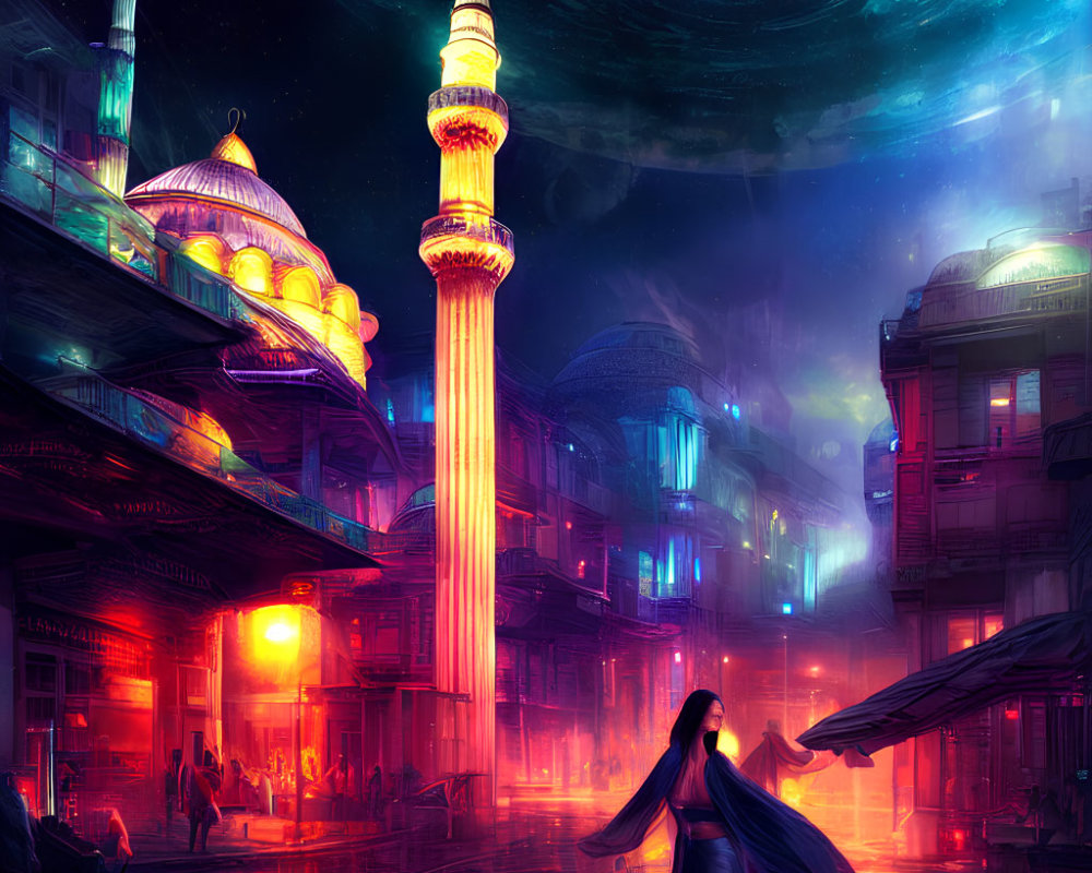 Vibrant neon-lit cityscape with woman in flowing robes under celestial night sky